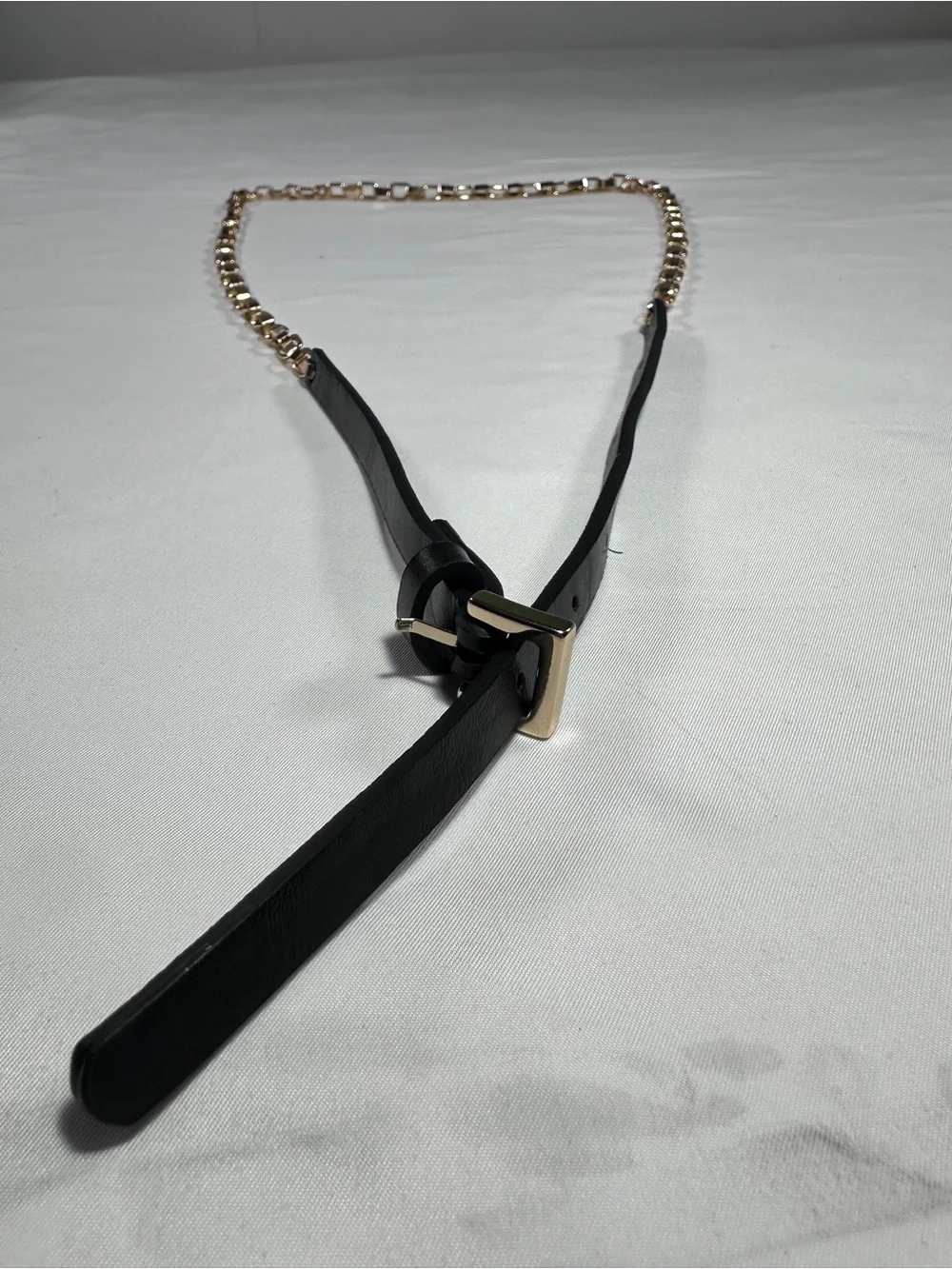Black Leather Strap Belt with Gold Chain Accent - Women's Accessory